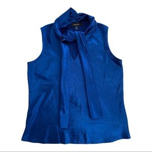 Satin Blue Sleeveless Tie-Neck Blouse